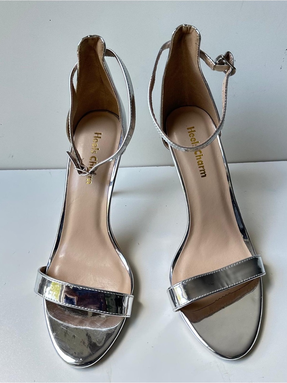 Heels Charm Women's Silver Metallic Ankle Strap Stiletto Heels Size 9 M Open Toe
